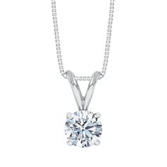 Timeless in design, this solitaire diamond pendant necklace will be cherished for years to come. This glistening pendant features a round 3/4ct diamond that is set in a classic 14k white gold four-prong solitaire pendant setting. The diamond is K in color and I2 in clarity. This pendant measures 11mm in length and 5.5mm in width and comes suspended from an 18 inch white gold box chain with a spring ring clasp closure. Round Diamond Solitaire Necklace With Tension Setting, Diamond Solitaire Necklace With Tension Setting, Minimalist Solitaire Necklace With Round Cut Prong Setting, Minimalist Solitaire Necklace With Prong Setting, Classic Solitaire Necklace With Round Cut In Tension Setting, Round Cut Solitaire Necklace With Tension Setting, Fine Jewelry Solitaire Necklace With Tension Setting, Anniversary Diamond Necklace With Round Cut Tension Setting, Anniversary Diamond Necklace With Tension Setting In Round Cut