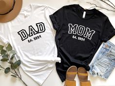 Dad Mom Family Matching T-Shirts, Custom Mom Dad  T-Shirt, Personalized Family T-Shirts,Customized Dad Mom Est.Date T-shirt,New Mom Dad Gift ❀DETAIL❀ For printing, we use Bella Canvas and Gildan SoftStyle brand shirts, which are the best in the industry. *Bella Canvas -unisex size -4.2 oz. -Solid colors are 100% Combed Cotton and Ring-Spun Cotton. -Athletic Heather 90% Combed and Ring-Spun Cotton, 10% Polyester -All Heather CVC Colors 52% Combed and Ring-Spun, 48% Polyester *Gildan SoftStyle -un Mom And Dad Shirts, Family T Shirts, Matching T Shirts, Brand Shirts, Family Mom, Hospital Bag, Branded Shirts, Family Matching, Personalized Family