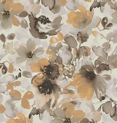 an abstract floral pattern with orange and gray flowers on a white background is featured in this image