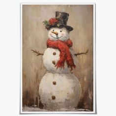 a painting of a snowman wearing a top hat and scarf