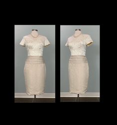 "B E S T  F I T  Suggested Size: 6/8  Please check measurements below to ensure the best possible fit.    D  E  S  C  R I  P  T  I  O  N    *Beige and taupe two tone fitted dress  *Tonal scroll pattern  *Short sleeves  *Pencil construction  *Knee/below the knee length  *Open V-neckline creates an off-the-shoulder look  *Zips up the side  *Flat horizontal pleated waistline  *Padded bodice  *Boning  *Fully lined  *Kick pleat  *1990s - 00s era    D  E  T  A  I  L  S    * Fabric: No label  * Care: N Cream Fitted Short Sleeve Dress, Cream Fitted Dress With Short Sleeves, Second Wedding Dress, Vintage Wiggle Dress, Second Wedding, Scroll Pattern, Kick Pleat, Wiggle Dress, Patterned Shorts