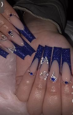 Royal Blue Prom Nails, Blue Prom Nails, Quince Nails, Blue And Silver Nails, Quinceanera Nails, Royal Blue Nails, Dark Blue Nails, Navy Blue Nails, Blue Acrylic Nails