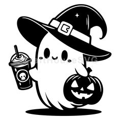 a black and white drawing of a ghost with a drink in it's hand