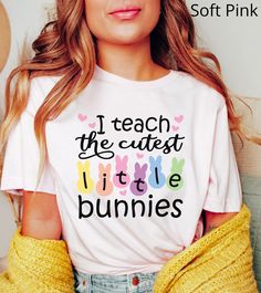 Cute Easter teacher T-shirt! I teach the cutest little bunnies shirt. Perfect shirt gift for easter/teacher appreciation/teacher team shirt/groupT-shirt. Easter teacher T-shirt/I teach the cutest little bunnies shirt/shirt gift for easter/teacher appreciation/teacher team shirt/groupT-shirtThis classic unisex jersey short sleeve tee fits like a well-loved favorite. Soft cotton and quality print make users fall in love with it over and over again. These t-shirts have-ribbed knit collars to bolste Easter Party Crafts, Daycare Shirts, Easter Teacher Appreciation, Teacher Team, Party Crafts, Bunny Shirt, Team Shirt, Teacher Tees, Preschool Teacher