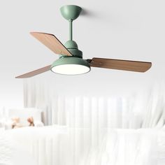 a green ceiling fan in a white room