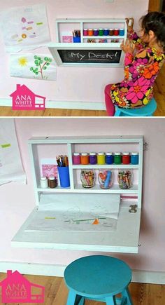 two pictures of a child's desk and chair with the top open, bottom closed