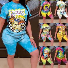 Women's Fashion Rugrats Tie Dye Short Sleeve Casual Printed Multicolor Top&shorts Two-piece Set Casual Suits Multicolor Cotton Short Set For Spring, Spring Multicolor Cotton Short Set, Trendy Summer Loungewear Short Set, Summer Two-piece Set With Mini Length, Multicolor Short Sleeve Short Set For Spring, Casual Two-piece Shorts For Summer, Trendy Summer Short Sleeve Set, Trendy Summer Set With Short Sleeves, Trendy Summer Sets With Short Sleeves