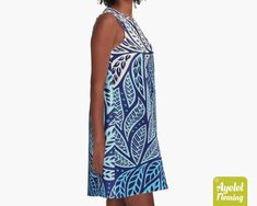 "This Hawaiian/Polynesian tribal A-line dress is retro looking featuring shades of blue floral design on dark blue background. If you would rather this dress was in another color or combination of colors please get in touch and let me know and I will do my best to accommodate you. The perfect sleeveless dress for daytime or evening wear, loose, swing fit that you can wear with or without leggings. The dress length in general is just a little above the knee. The dress is made out of 97% Polyester Blue A-line Sundress For Beach, Blue Hawaiian Printed Dresses, Blue A-line Sundress For Vacation, Blue Bohemian A-line Sundress, Blue Hawaiian Dress With Tropical Print, Polynesian Dress, Tiki Dress, Blue Floral Design, Hawaiian Dress