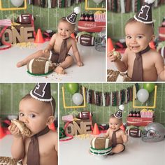 a collage of photos shows a baby wearing a birthday hat and eating a cake