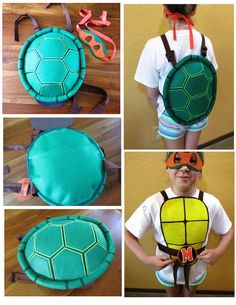 four pictures show the process of making a turtle costume for a child's birthday