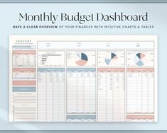 a desk calendar with graphs on it and the words,'money budget dashboard have a clear overview of your finance within chart & tables