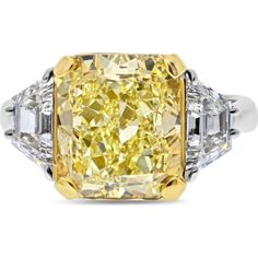 7.05 Carat Radiant Cut Fancy Yellow Diamond Engagement Ring Radiant Cut Rings, Yellow Diamonds Engagement, Yellow Diamond Engagement Ring, Three Stone Diamond Rings Engagement, Yellow Diamonds, Three Stone Engagement Ring, Fancy Yellow Diamond, Diamond Birthstone, Three Stone Diamond