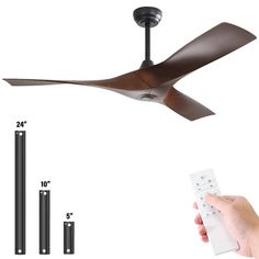 a ceiling fan with remote control in front of it and the measurements for each blade