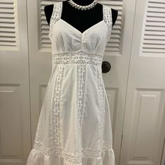 This Beautiful Inc White Dress Is Perfect For Summer, Graduation Or A Bridal Party! Gorgeous Details. Never Worn, Brand New. Fully Lined. B 17” L 38” Side Zipper. 100% Cotton. Feminine Cotton Midi Dress For Party, Cotton Party Dress With Lace Trim, Sleeveless Cotton Midi Dress For Wedding, Beautiful White Dress, Beautiful White Dresses, White Sundress, B 17, Halloween Inspo, Size 6 Dress