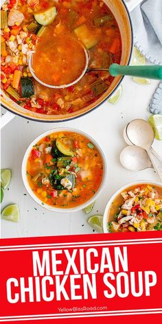 mexican chicken soup in a large pot with spoons on the side next to it