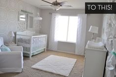 a baby's room with a crib, chair, and dresser in it