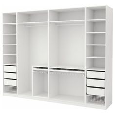 an open white closet with drawers and baskets on the bottom shelf, isolated against a white background