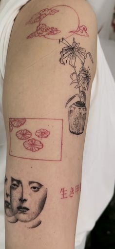 a woman's arm with tattoos on it, including an image of a vase and flowers