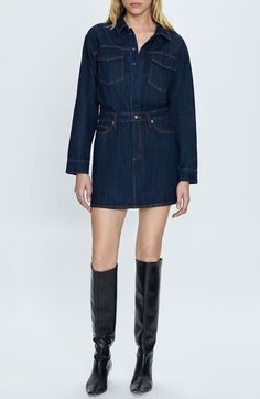 Tap into the all-denim trend in this nonstretch mini shirtdress flaunting a dark wash and contrast topstitching. 34" length (size Small) Front snap closure Spread collar Long sleeves with button cuffs Five-pocket style 100% cotton Machine wash, tumble dry Imported Denim Shirt Dress For Work And Fall, Dark Wash Mini Dress With Pockets, Dark Wash Denim Dress With Pockets In Mini Length, Dark Wash Denim Mini Dress With Pockets, Denim Blue Mini Dress With Pockets For Fall, Fitted Denim Shirt Dress For Fall, Fall Denim Blue Mini Dress With Pockets, Chic Denim Blue Mini Dress For Fall, Trendy Dark Wash Denim Dress For Fall