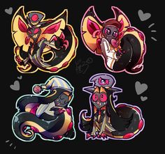 four stickers depicting different types of animals and their respective characters, all with hearts on them