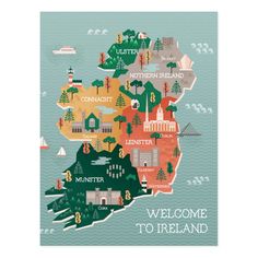 an illustrated map of ireland with all the towns and lakes in it's state