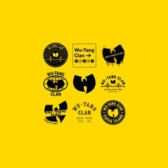 various logos and stickers on a yellow background with the words wu - tang written in black