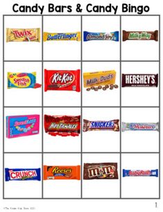 candy bars and candy bingo are arranged on a white background with the words candy bar and