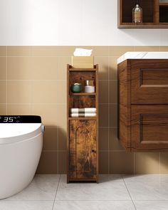 a wooden cabinet next to a bathtub in a bathroom