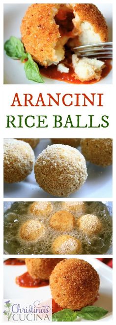 an image of rice balls with sauce on them and the words arancni rice balls above it