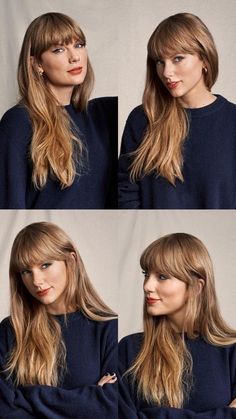 four different pictures of a woman with long hair and bangs in various stages of movement