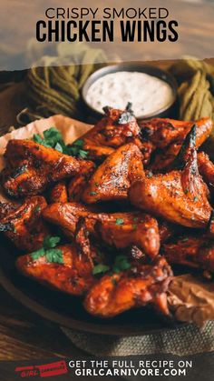 crispy smoked chicken wings on a plate with ranch dip