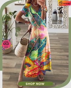 Boho Plants Printed V Neck Short Sleeve A-line Knitting Casual Dress Casual Multicolor Non-stretch Maxi Dress, Multicolor Non-stretch V-neck Maxi Dress, Casual Non-stretch A-line Maxi Dress, Casual A-line Maxi Dress, Casual Long Multicolor Dresses, Casual Multicolor Non-stretch Dress, Casual Non-stretch Multicolor Dress, Fall Beach A-line Maxi Dress, A-line Maxi Dress For Beach In Fall