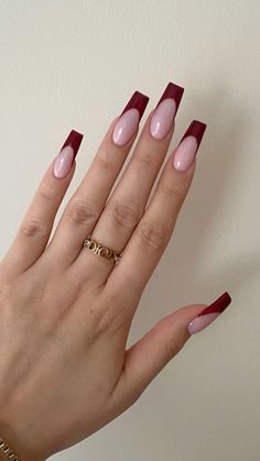 Burgundy Inspired Nails, Burgundy Long Acrylic Nails, Nails Latina Red, Senora Nails, French Tip Acrylic Nails Burgundy, Call Acrylic Nail Designs, Burgundy Nail French Tip, Prom Burgundy Nails, Crimson Red Nails Acrylic