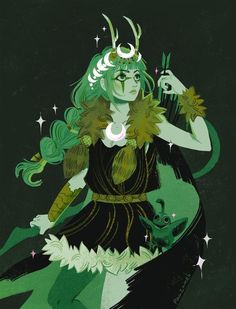 an illustration of a woman with green hair and horns on her head, holding a plant