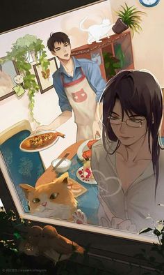 an anime scene with two people and a cat in the kitchen, one woman is looking at her food