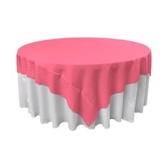 a pink and white round tablecloth on top of a circular table with silver trim