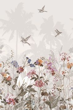 an image of flowers and birds flying in the sky with palm trees on the background