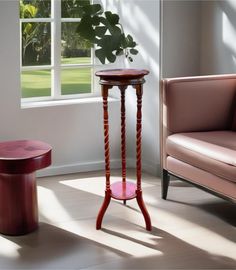 a living room scene with focus on the end table and chair in the foreground