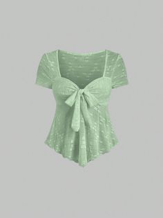 Women's Summer Sweetheart Neckline Tie Front Short Sleeve Casual T-Shirt Green Casual  Short Sleeve Fabric Plain  High Stretch  Women Clothing, size features are:Bust: ,Length: ,Sleeve Length: Cute Shirts From Shein, Sweetheart Neckline Tops, Light Green Clothes, Cute Green Tops, Sage Green Top, Light Green Shirt, Sweetheart Neckline Top, Shein Summer, Adrette Outfits