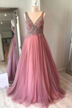 Pink V-neck Embellished Evening Dress, Pink Embellished V-neck Evening Dress, Pink Beaded Dress For Prom, Dusty Rose Prom Dress, Dress With Beads, Beaded Patterns, 2021 Prom Dresses, Shiny Dresses, Make Your Own Dress