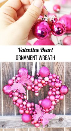 valentine's day ornament wreath made with pink ornaments and hearts on a wooden fence