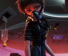 an animated character with a gas mask on in a sci - fi setting, looking at the camera