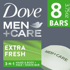 Looking for a bar that leaves skin feeling refreshed, hydrated, and invigorated? Dove Men+Care Extra Fresh Body and Face Bar delivers a deep, refreshing clean and hydration. Unlike an ordinary bar soap or body soap that can dry out skin, this bar is formulated with more moisturizer to help maintain skin?s moisture and hydration levels, leaving it feeling healthy, smooth and comfortable. From the #1 dermatologist rmended men?s brand, Dove Men+Care Extra Fresh Body and Face Bar is specifically des Face Soap Bar, Dove Bar Soap, Dove Bar, Feeling Healthy, Dove Men Care, Three In One, Face Soap, Dove Men, Thick Skin