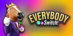 the logo for everybody switch with a horse wearing a suit and holding a game controller