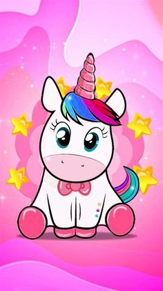 a cartoon unicorn sitting on top of a pink surface with stars around it's head