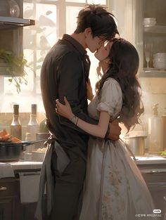 a man and woman are kissing in the kitchen