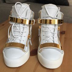 Brand New- Women’s Giuseppe Zanotti High Tops, Sz 38 Make An Offer Chic Gold Leather Sneakers, Luxury High-top Sneakers For Party, Luxury High-top Party Sneakers, Gold Leather Party Sneakers, Luxury Gold Sneakers For Party, Elegant Leather Sneakers For Party, Luxury Party Sneakers, Christian Cowan, Zanotti Heels