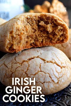 irish ginger cookies stacked on top of each other with text overlay that reads, irish ginger cookies