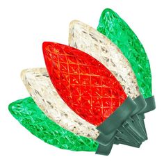 a red and green christmas light on a white background