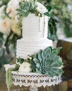 a white wedding cake with succulents and greenery